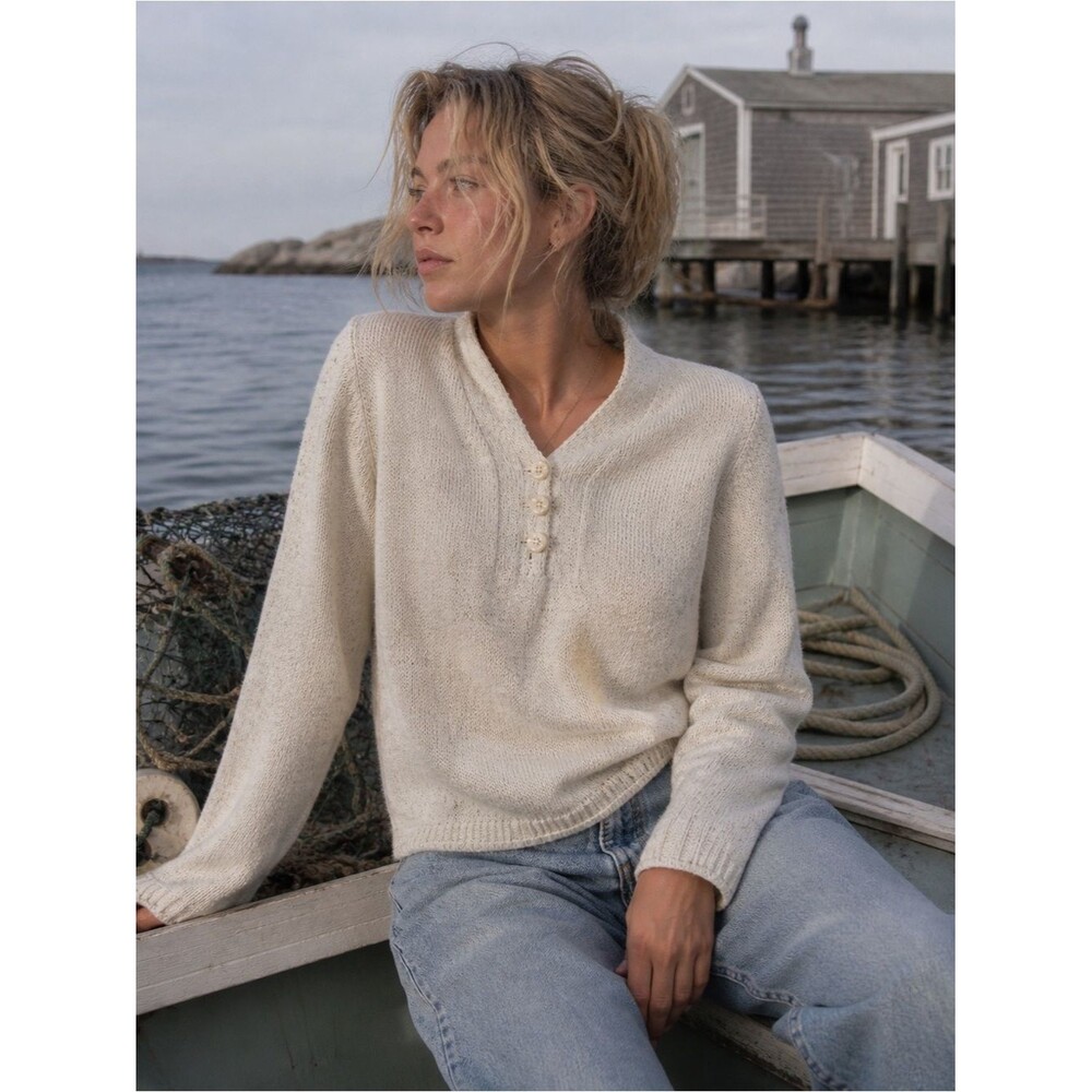 Vintage Liz Claiborne Cotton Blend Oatmeal Cream Henley Sweater Size Large
